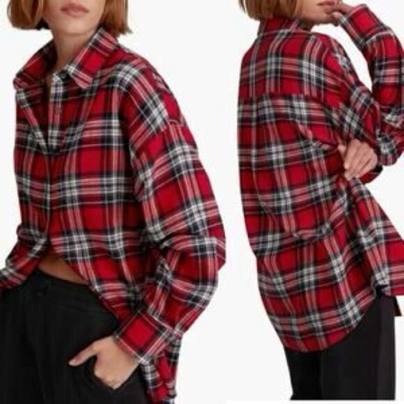 Favorite Daughter The Ex-Boyfriend Flannel Shirt in Red Plaid - Picture 1 of 8